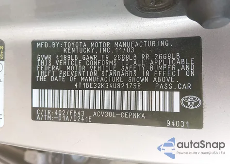 2004 Toyota Camry Le z USA, uszkodzony, nr VIN 4T1BE32K34U821758